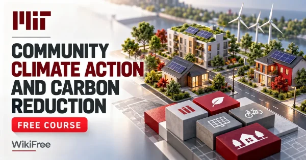 Free MIT Course: Community Climate Action and Carbon Reduction. Original topic-specific WikiFree artwork in MIT red, silver, black and white. FREE COURSE.