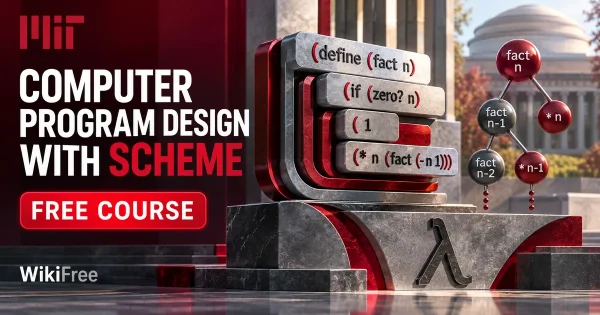 Free MIT Course: Computer Program Design with Scheme. Original topic-specific WikiFree artwork in MIT red, silver, black and white. FREE COURSE.