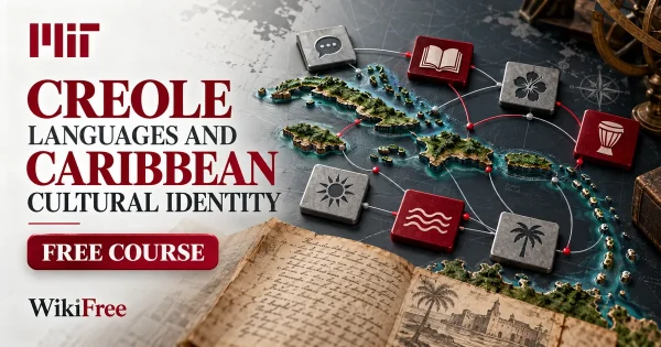 Free MIT Course: Creole Languages and Caribbean Cultural Identity. Original topic-specific WikiFree artwork in MIT red, silver, black and white. FREE COURSE.