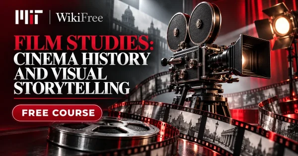 Free MIT Course: Film Studies: Cinema History and Visual Storytelling. Original topic-specific WikiFree artwork in MIT red, silver, black and white. FREE COURSE.