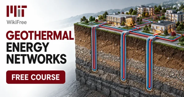 Free MIT Course: Geothermal Heating and Energy Networks. Original topic-specific WikiFree artwork in MIT red, silver, black and white. FREE COURSE.