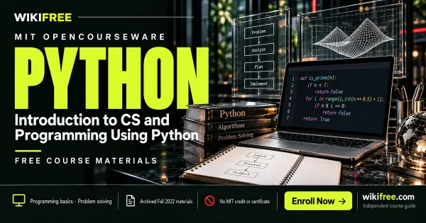 MIT Python course cover with a code laptop, programming books, notebook and conceptual problem-solving display.