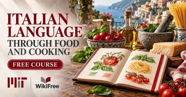 Free MIT Course: Italian Language through Food and Cooking. Original topic-specific WikiFree artwork in MIT red, silver, black and white. FREE COURSE.