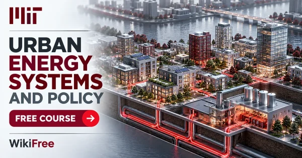 Free MIT Course: Urban Energy Systems and Policy. Original topic-specific WikiFree artwork in MIT red, silver, black and white. FREE COURSE.