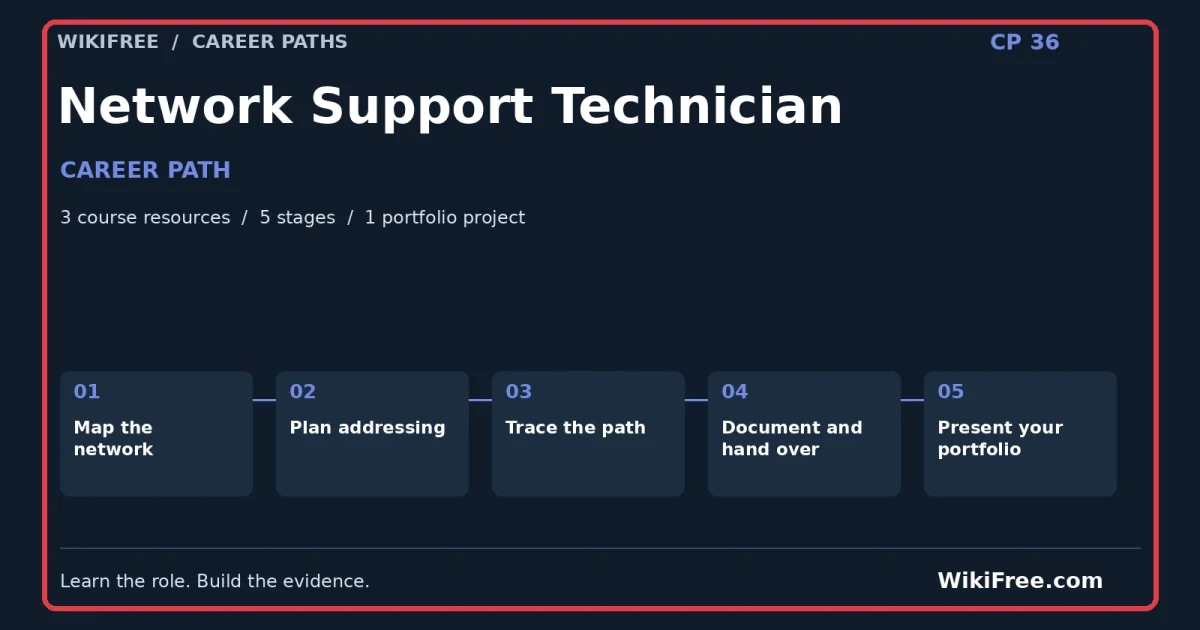 Network Support Technician Career Path — 3 course resources, five stages and one portfolio project; red frame and WikiFree.com branding