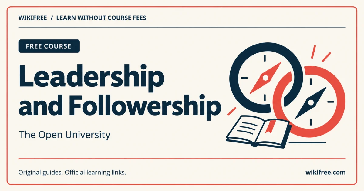 The Open University Leadership and Followership with complementary compass illustrations and an open journal.