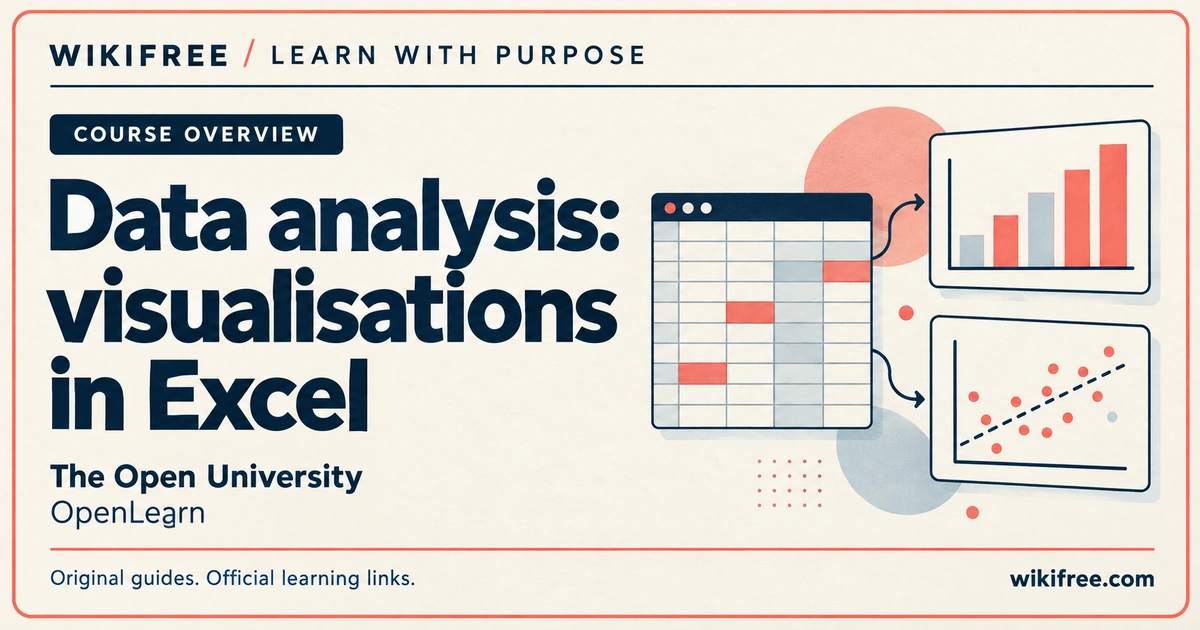 Conceptual spreadsheet grid flowing into bar and scatter plots beside the title Data analysis: visualisations in Excel.