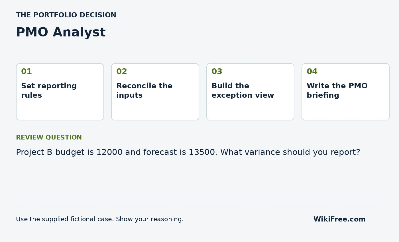 PMO Analyst portfolio roadmap and a review question from the fictional case