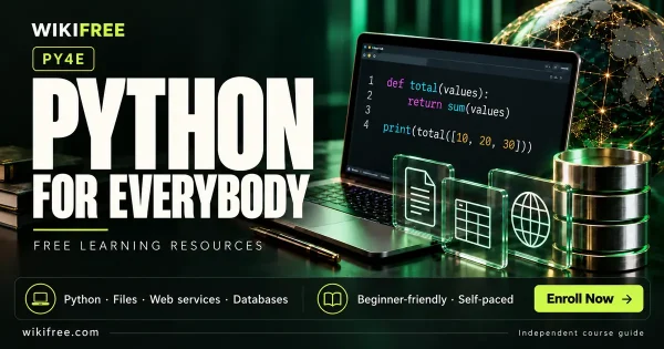 PY4E Python for Everybody cover with a Python code laptop, file and table cards, globe and database illustration.