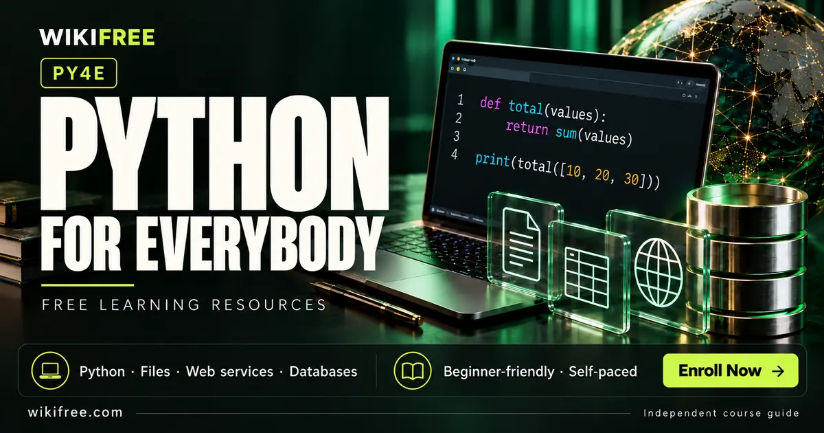 PY4E Python for Everybody cover with a Python code laptop, file and table cards, globe and database illustration.
