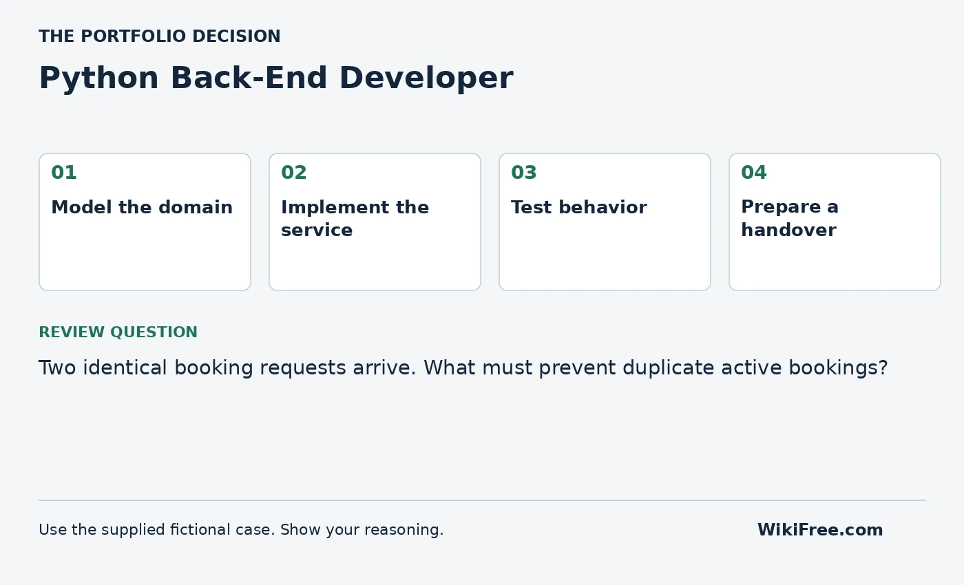 Python Back-End Developer portfolio roadmap and a review question from the fictional case