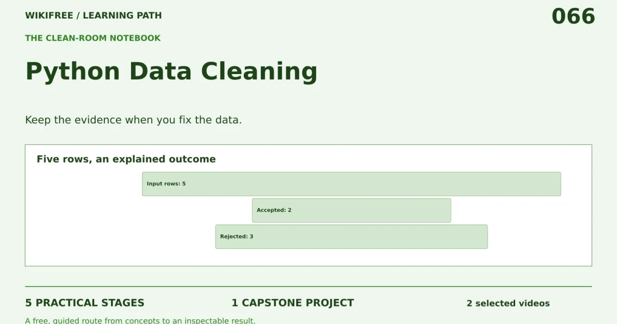 Python Data Cleaning: five practical stages, one capstone; Five rows, an explained outcome.