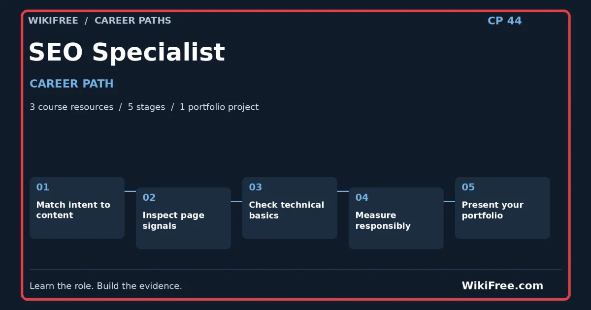 SEO Specialist Career Path — 3 course resources, five stages and one portfolio project; red frame and WikiFree.com branding