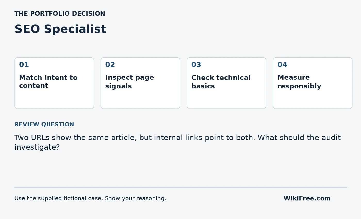 SEO Specialist portfolio roadmap and a review question from the fictional case