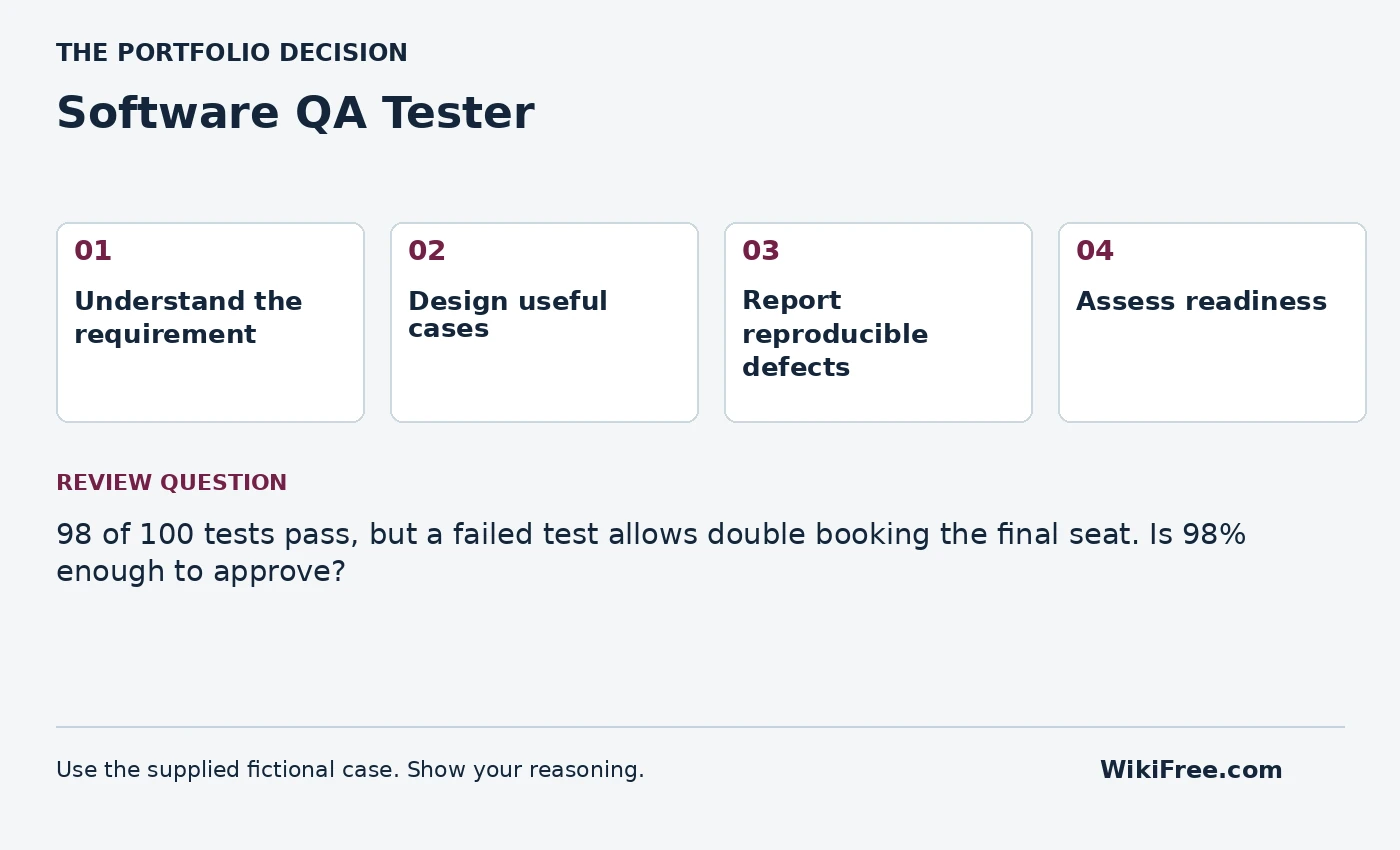Software QA Tester portfolio roadmap and a review question from the fictional case