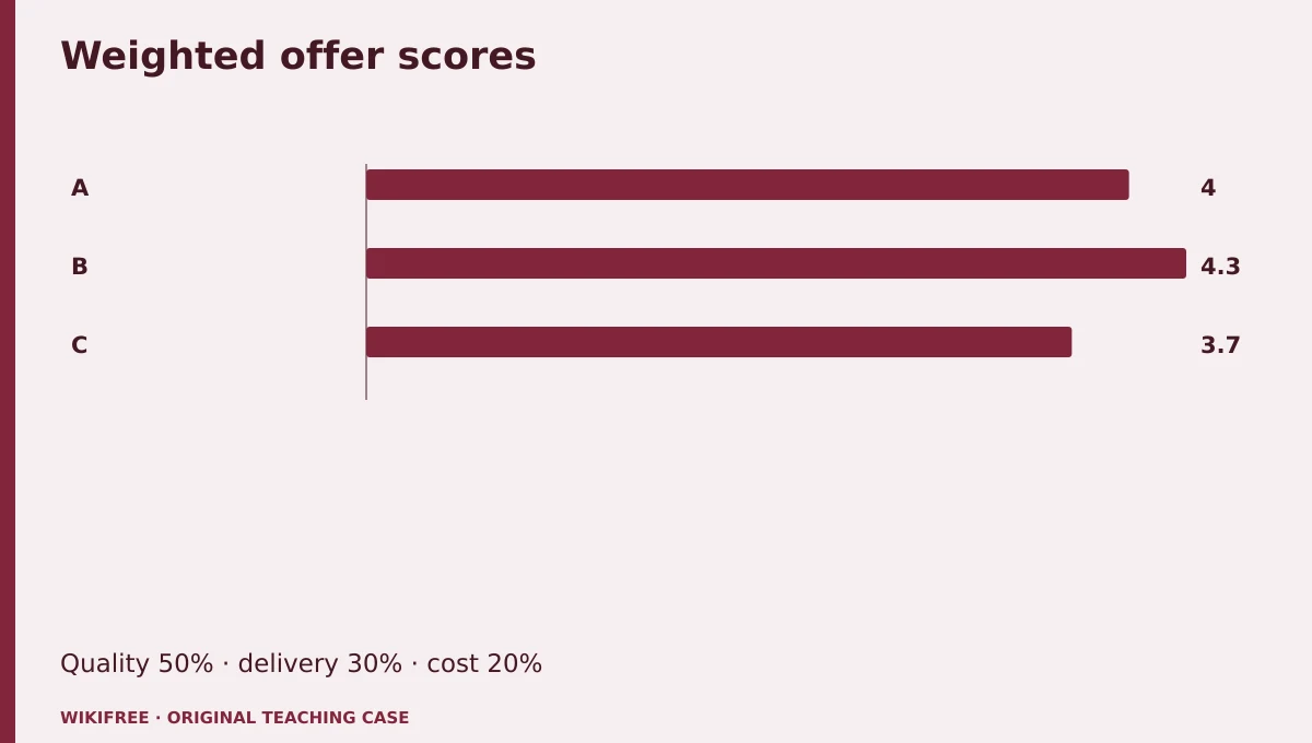 Weighted offer scores. A; B; C. Quality 50% · delivery 30% · cost 20%