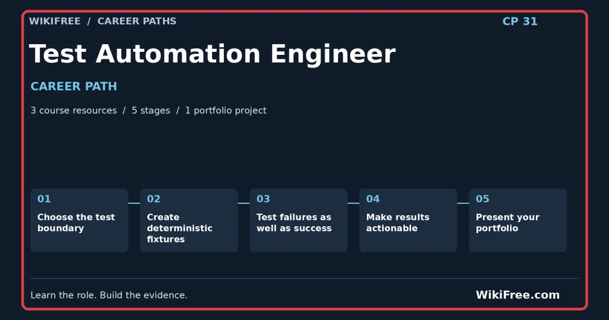 Test Automation Engineer Career Path — 3 course resources, five stages and one portfolio project; red frame and WikiFree.com branding
