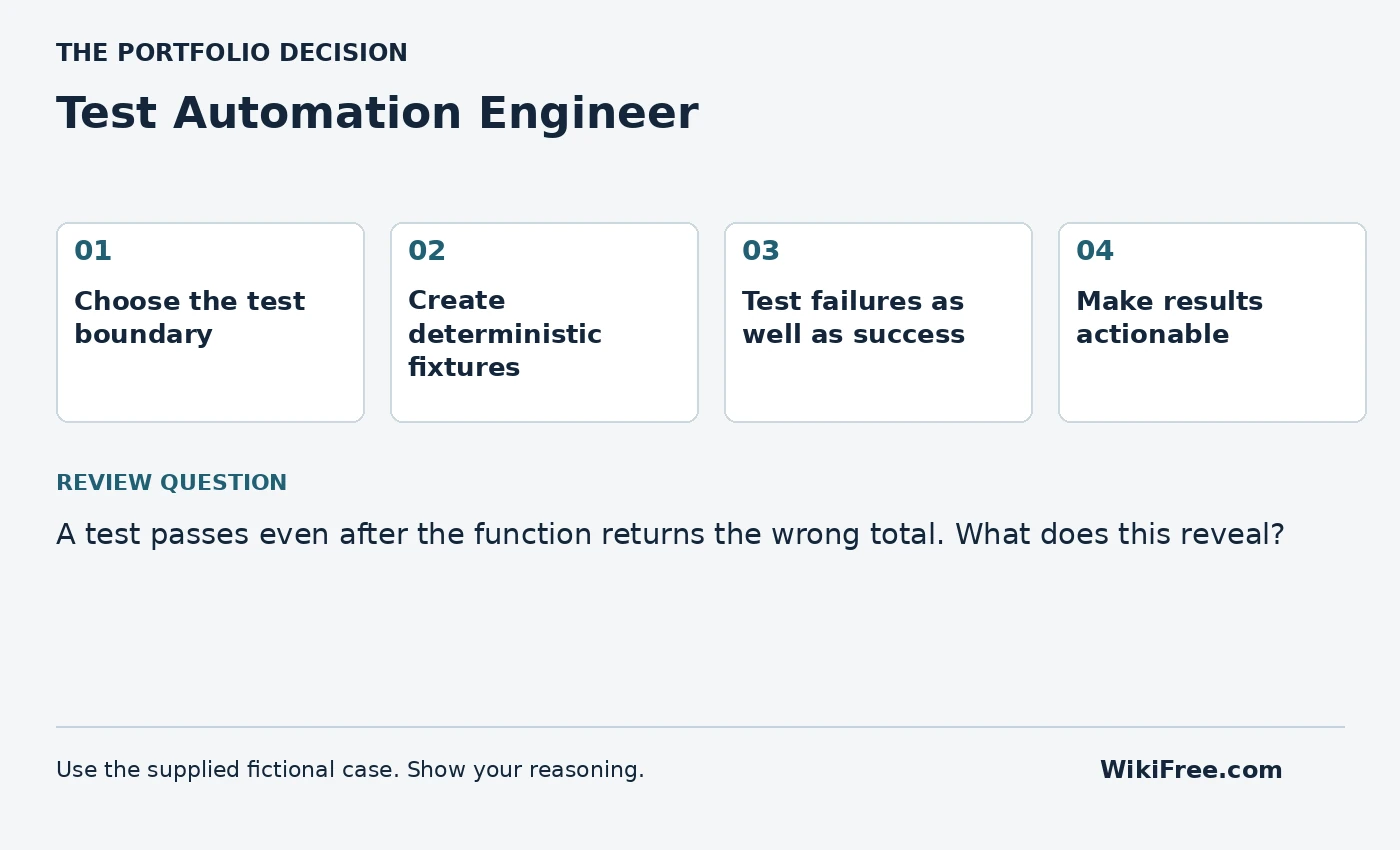 Test Automation Engineer portfolio roadmap and a review question from the fictional case