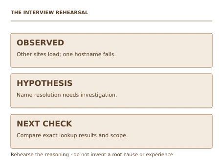 Teaching illustration for IT Interview Practice. A credible answer says: Other sites work, so I would first compare name resolution for the affected hostname and a known-good one. I would record the resolver and exact error, then choose the next check from that result. It does not assert a root cause that has not been tested.
