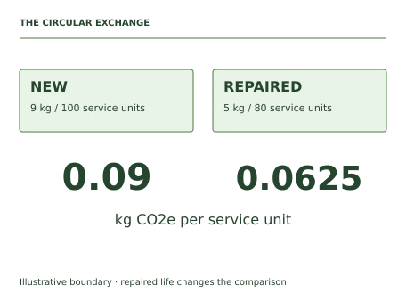 Teaching illustration for Sustainable Supply Chains. The modeled repair route is 0.0625 kg CO2e per service unit versus 0.09 for new. Its modeled reduction is about 30.6%, but a 40-unit repaired life reverses the choice. A defensible brief therefore recommends checking useful life and transport evidence before making any public claim.