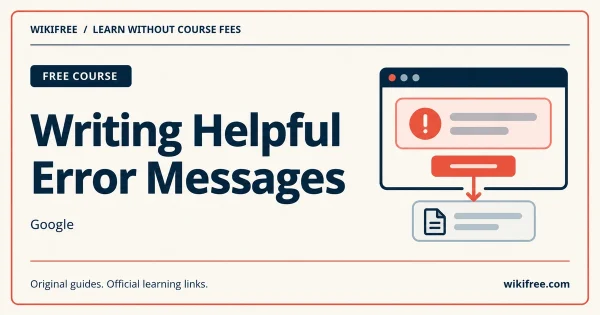 Writing Helpful Error Messages course cover with an error notification, action control and documentation card.